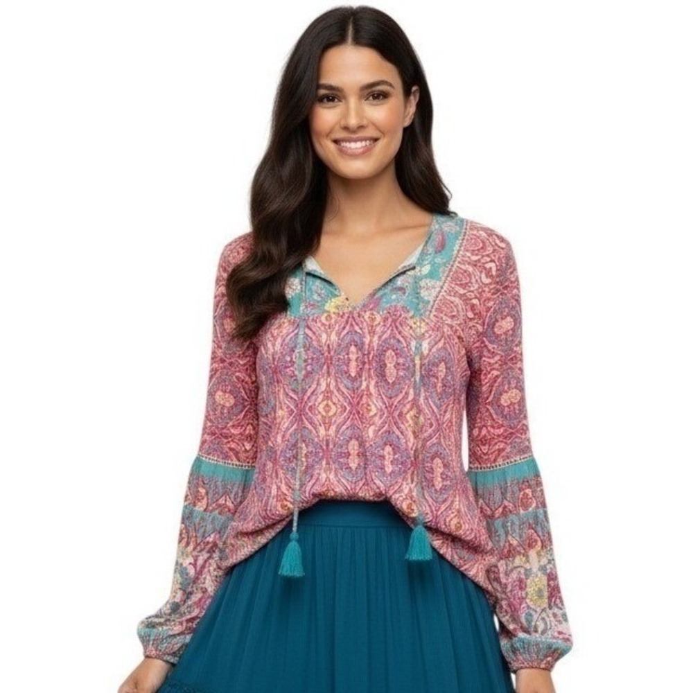 Grace + Karma Womens Boho‎ Paisley Peasant Tassel Hippie Festival Top  L